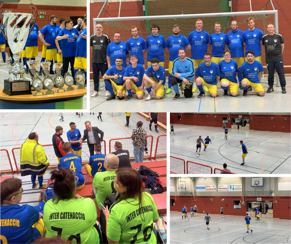 Eine Bildercollage mit Bildern von einem Fußballturnier in einer Sporthalle.