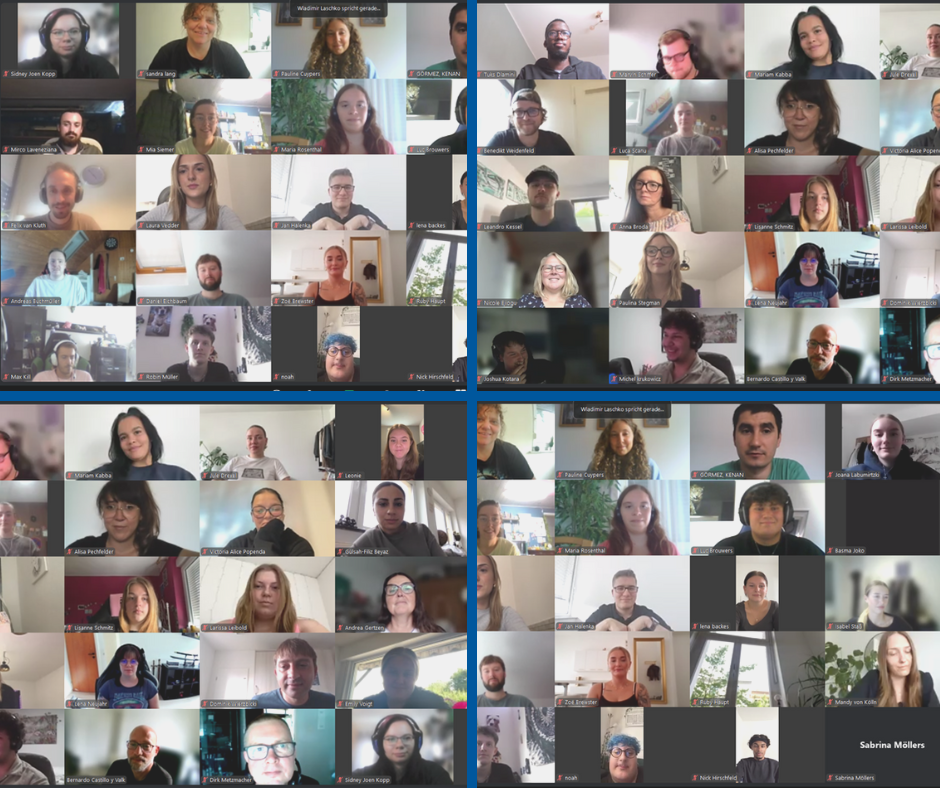 Webcambild von vielen jungen Menschen in einem digitalen Meeting