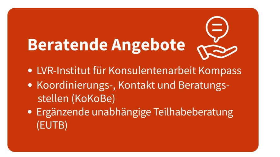 OrangeneTafel mit weißer Schrift und Icon einer Hand mit Sprechblase darüber zum Thema Beratungs-Angebote