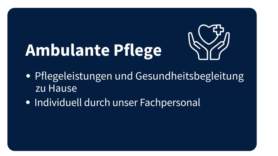 Dunkelblaue Tafel mit weißer Schrift und Icon von Händen mit Herz mit Text zum Thema Pflege-Angebote