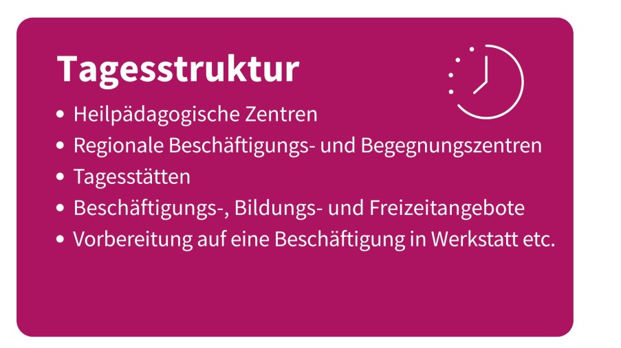  Pinke Tafel mit weißer Schrift und Icon einer Uhr mit Text zum Thema Tagesstruktur-Angebote