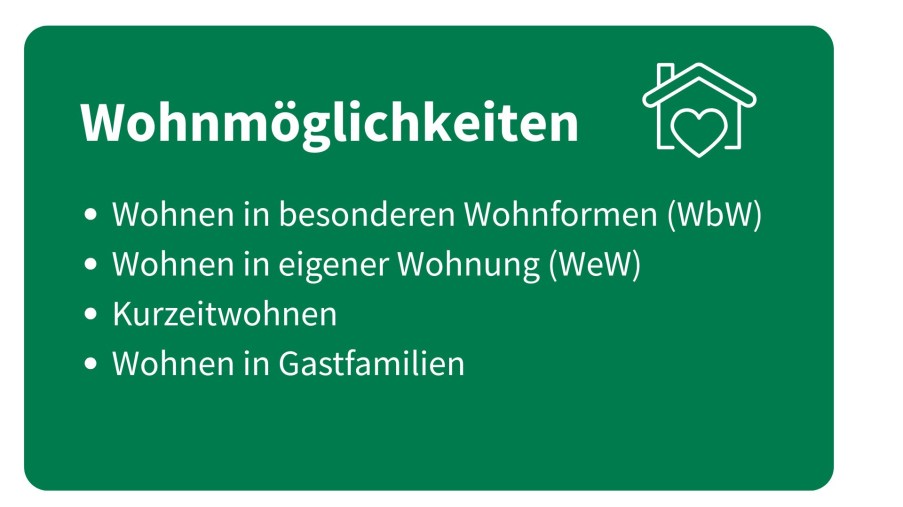 Grüne Tafel mit weißer Schrift und einem Icon eines Hauses mit Herz zum Thema Wohnmöglichkeiten und Angebote