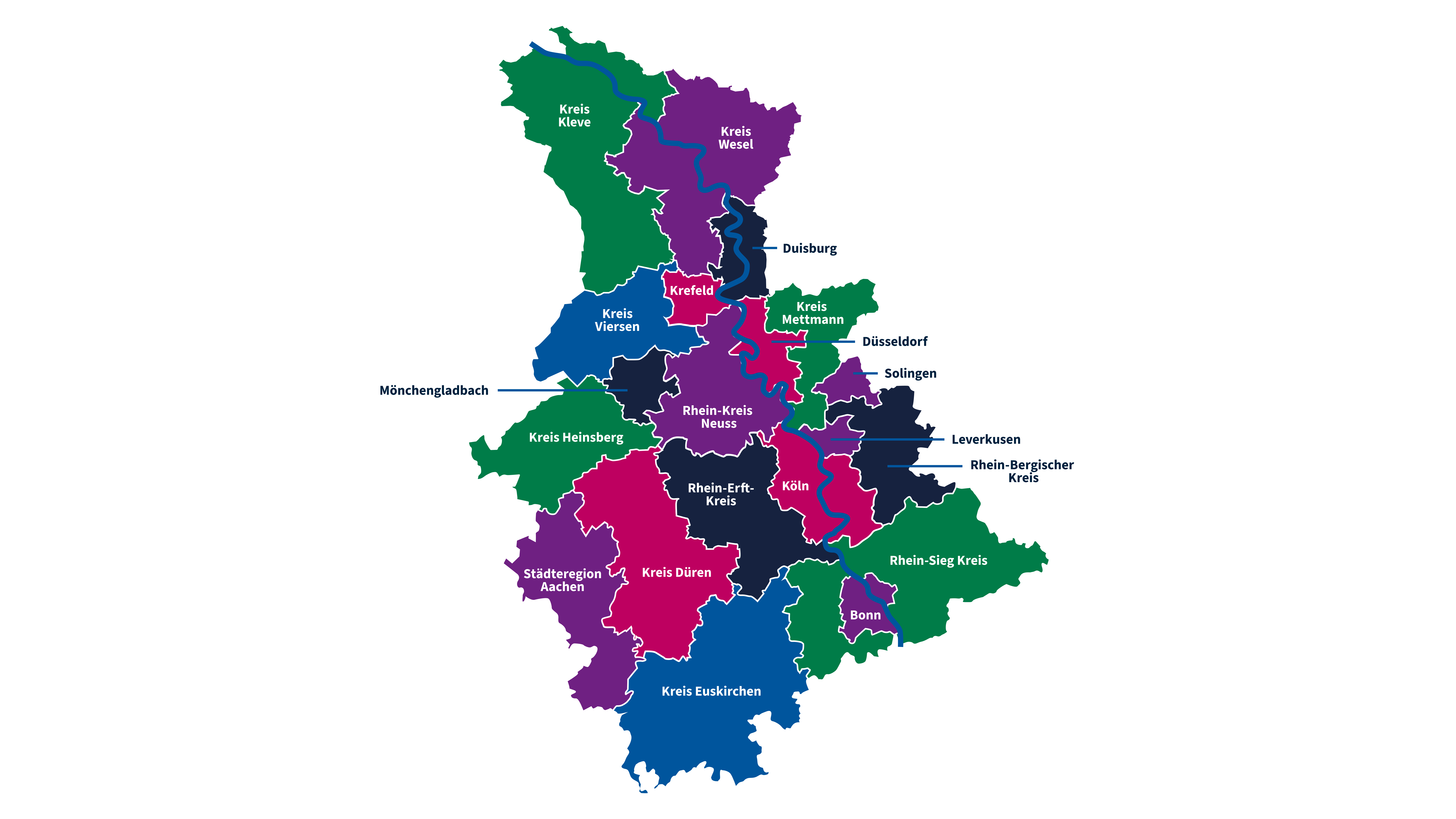 Übersichtskarte vom LVR-Verbund WohnenPlusLeben. Die Regionen reichen vom Kreis Kleve im nördlichen Teil bis zum Kreis Euskirchen im südlichen Teil. Westlich reicht der Verbund bis zum Kreis Aachen bzw. Kreis Heinsberg. Die östliche Grenze reicht vom Kreis Wesel bis zum Rhein-Sieg Kreis.